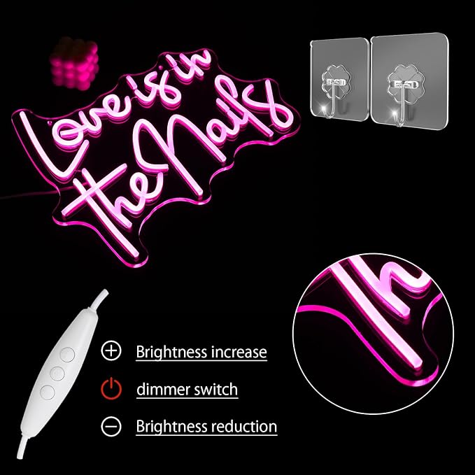 "Love is in the nails" Neon Sign Nail Neon Light Pink LED Sign Letter Neon Light Up Sign for Nail Salon Beauty Salon Makeup Room Decoration(16.5 * 12.7)