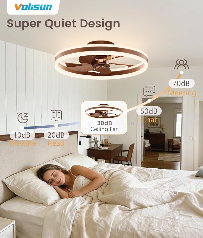 VOLISUN Low Profile Ceiling Fans with Lights and Remote, 20in Flush Mount Ceiling Fans with Light, 3000K-6500K Dimmable Fandelier LED Fan Light, Farmhouse Ceiling Fans with Lights for Bedroom