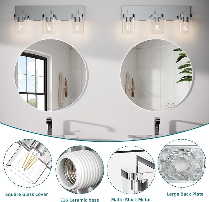 Chrome Bathroom Vanity Light, Square Design 3 Lights Morden Vanity Lighting Fixtures Over Mirror, Bathroom Light Fixtures for Living Room/Bedroom