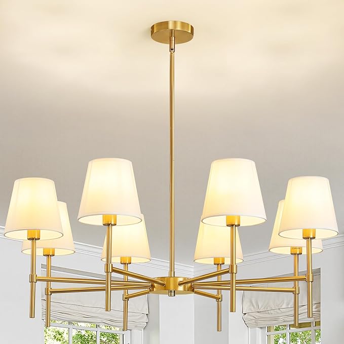 Dining Room Chandeliers Light - 8-Light Gold Modern Chandelier with Fabric Shade, Height Adjustable Mid Century Ceiling Lighting Fixture for Bedroom Kitchen Entryway Foyer