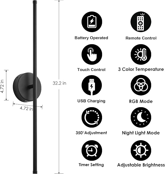 KARTOOSH Battery Operated Wall Sconces Set of Two Wireless Wall Lights | Rechargeable Wall Sconce with Remote 350°Rotate Dimmable RGB 3CCT LED Wall Lamp for Living Room, Bedroom