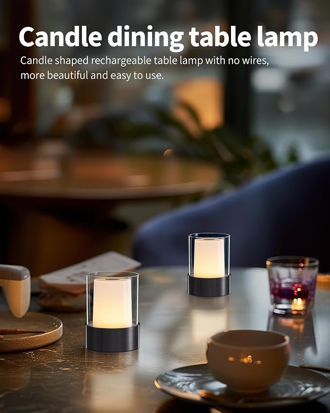 4" Black Cordless Table Lamp Set of 2, Outdoor Rechargeable Lamp | LED, Battery Operated, Portable, Touch Night Light for Dining Room, Camping, Bar, Party, Bedside, Bedroom, Home Decor, Gift