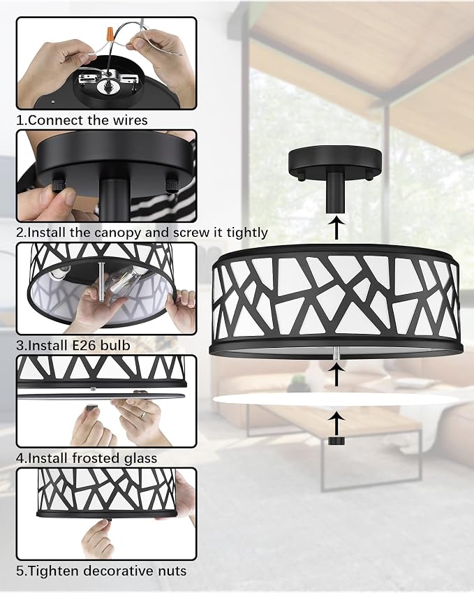 Farmhouse Semi Flush Mount Ceiling Light, 2-Light Black Metal Finish Ceiling Light Fixture, 13-Inch Light Fixture with Frosted Glass Shade for Hallway, Bedroom, Kitchen, Dining Room, Entryway