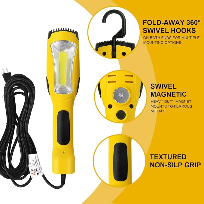 LED Work Light (25FT), 1600LM COB LED Trouble Light with Cord 16 Gauge SJTW, Swivel Hook, Strong Magnet, ETL Listed, Suitable for Mechanic, Garage, Workshop, Car Repair (Yellow)
