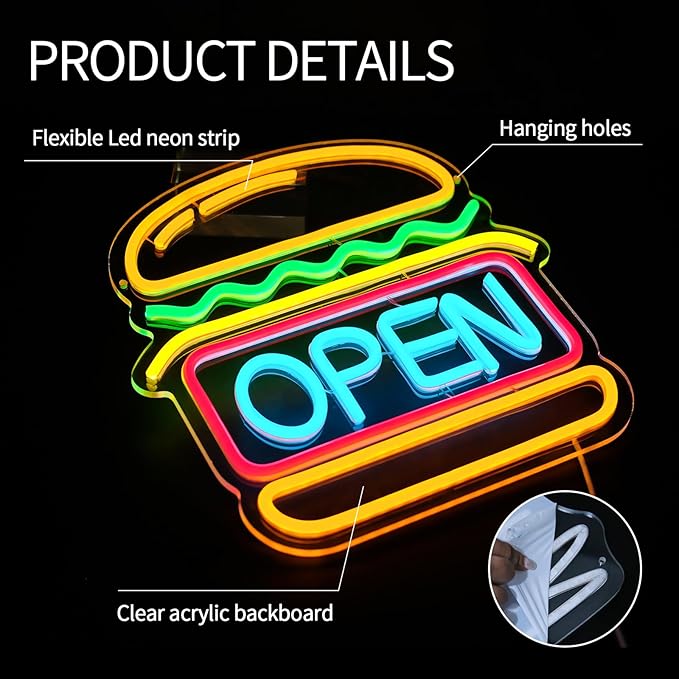 Burgers Open Neon Sign for Wall Decor Dimmable Hamburger Led Lights Signs Open Signs for Business Food Neon Light Room Decor for Bar Party Snack Shop Restaurant Gift USB Powered