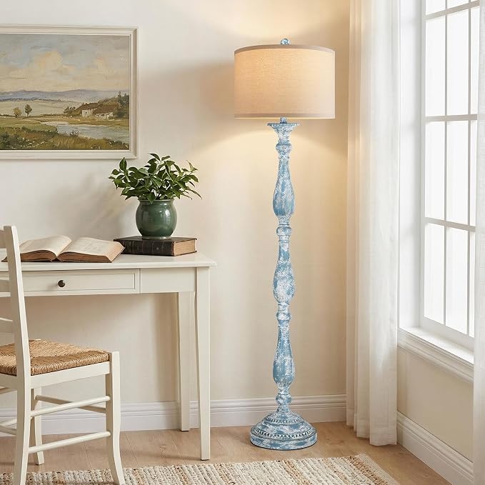 Vintage Floor Lamp for Living Room, Rustic Farmhouse Standing Lamp with Rotary Switch and Linen Shade, Retro Resin Floor Lamp for Bedroom, Corner, Dining Room, House Decor, Wash Blue