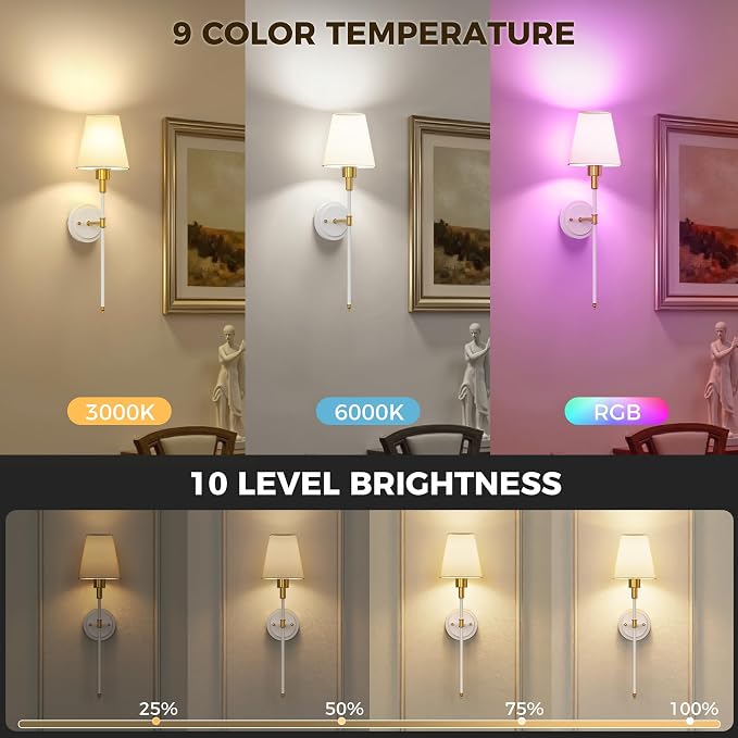Battery Operated Wall Sconce: Set of 2 Wireless Wall Light 12000mAh | 15 Color Rechargeable Wall Sconces, Sconce Wall Decor Set of 2 for Bedroom, Living Room, Gold, 24.6in