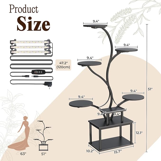 51 Inch Plant Stand with Grow Lights, 8 Tiered Indoor Plant Shelf | Corner Plant Rack with Larger Flower Holder, Curved-tubed Design, 3 Light Modes, for Living Room, Black