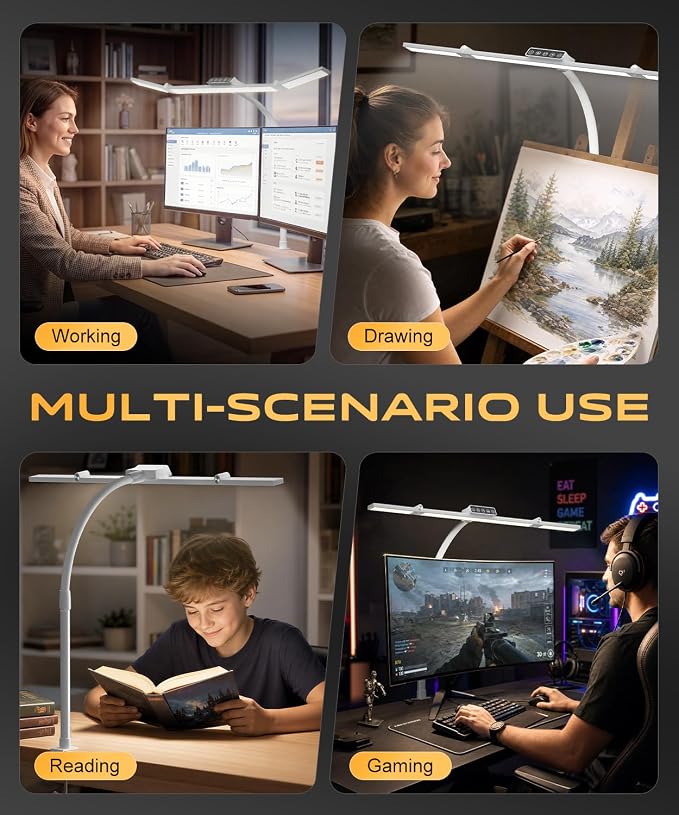 LED Desk Lamps for Home Office, Desk Light with Remote & Touch Control, Stepless Dimming,5CCT,Motion Sensor Auto On/Off, Eye-Caring Desk Lamp with Clamp for Study, Reading,Dual Monitors,White