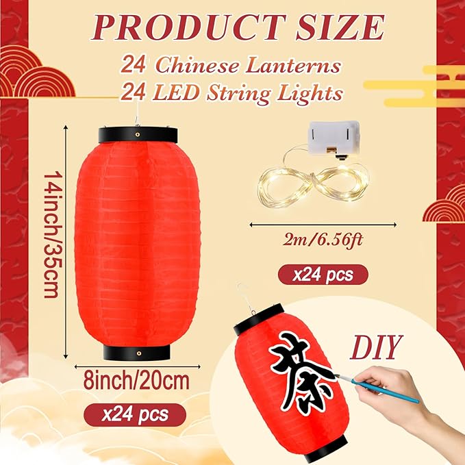 48 Pcs Traditional Japanese Style Red Silk Hanging Lantern Set Including Paper Lanterns Japanese Decorations and Lights for Chinese New Year Luna Festival Party Decoration DIY Crafts