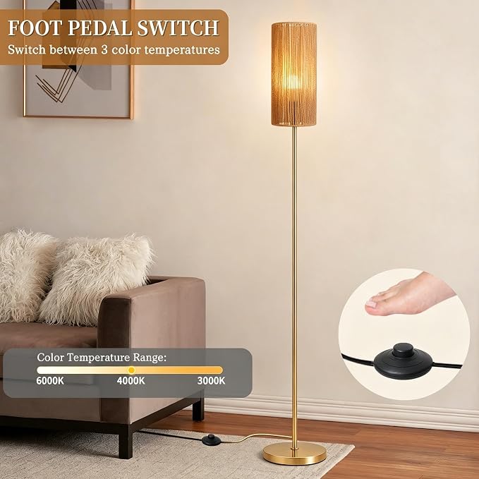 Ruiever Floor Lamp for Living Room,Farmhouse Floor lamp,Modern Standing lamp with Hand-Worked Rattan Shade (Straight Line Rattan Shade Gold Lamp- 3 Color Bulb)