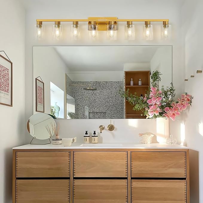 8 Light Bathroom Vanity Light Gold Bathroom Light Fixtures Brass Vanity Lights for Bathrrom 46 in Large Wall Sconce Brush Gold with Clear Glass Shade for Living Room