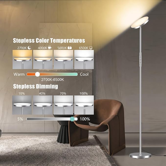 Floor Lamp, Upgraded 40W 4000LM Super Bright Torchiere LED Floor Lamps for Living Room, Stepless Dimmable Color Temperature 2700K-6500K with Remote & Touch Control, Standing Light (Brushed Nickel)