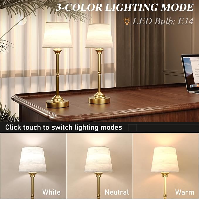 CHLORANTHUS 2 Pack Cordless Table Lamps, 3 Colors Stepless Dimming Fabric Desk Lamp, 6000mAh Rechargeable Battery LED Desk Lamp, Touch Night Light for Bedroom, Dining, Desk, Cafe