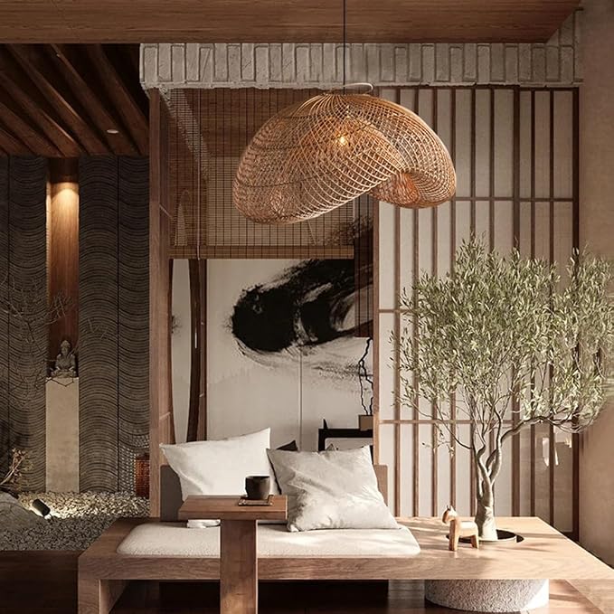 Organic Modern Bamboo Chandelier 19.7" Handmade Woven Wicker Pendant Light, Farmhouse Boho Rattan Light Fixture for Dining Room, Kitchen, Cafe, Bedroom Living Room