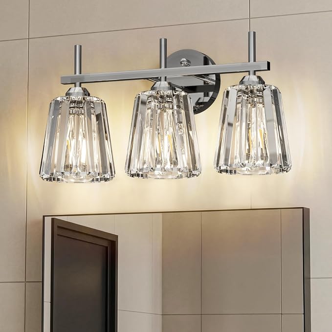 Crystal Bathroom Light Fixtures Over Mirror, Chrome 3-Light Bathroom Vanity Lights Over Mirror Modern Wall Lighting Sconces with Ceramic E26 Base (Bulbs Not Include)