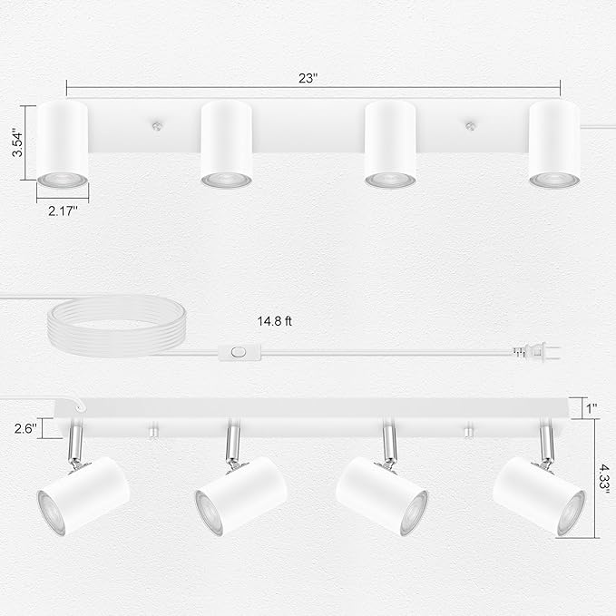 4 Light Track Lighting Kit,White 4 Way Modern Plug in Ceiling Spotlight,Industrial LED Wall Light for Kitchen Cabinet Gallery Bar Hallway Living Room,Rocker Switch,15 Foot Cord(No Bulb)