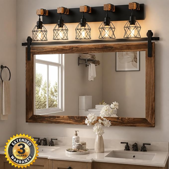 Farmhouse Vanity Light Fixture,5-Light Bathroom Lighting,Black Industrial Wood Wall Light Over Mirror with Metal Shade,LED Bulbs Not Included