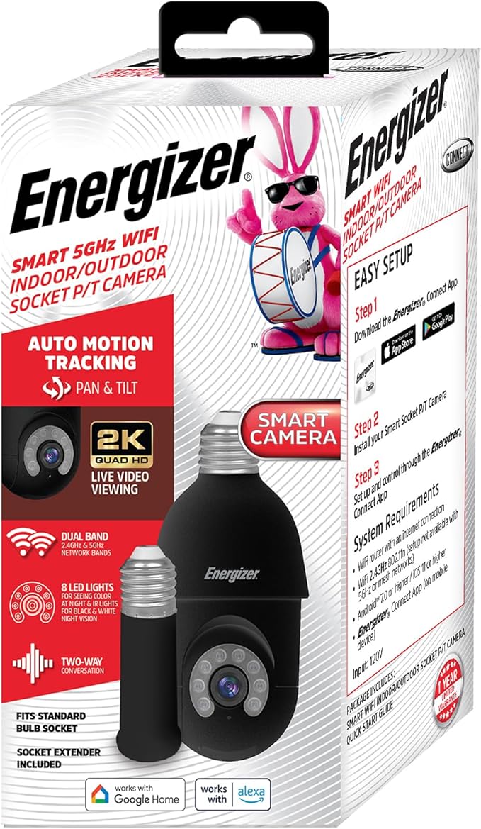 Energizer Smart Socket Camera, 2K QHD Outdoor Light Bulb Security Camera, 5GHz/2.4GHz, Pan & Tilt Auto Motion Tracking, 2-Way Audio, Night Vision, Recording, Alerts, Voice Control with Alexa & Google