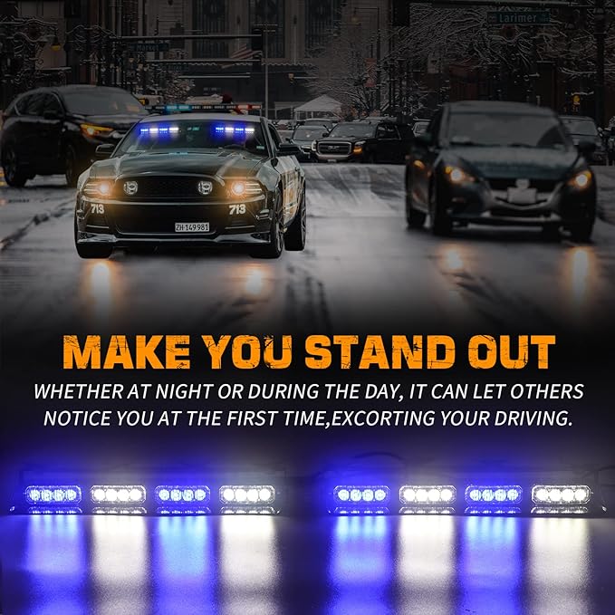 XRIDONSEN Emergency Dash Strobe Lights Safety Flashing Warning Interior Front/Rear Windshield Deck Split Light w/Digital Display Controller for Ambulance Police Vehicles Truck (2x14 inch, Blue White)