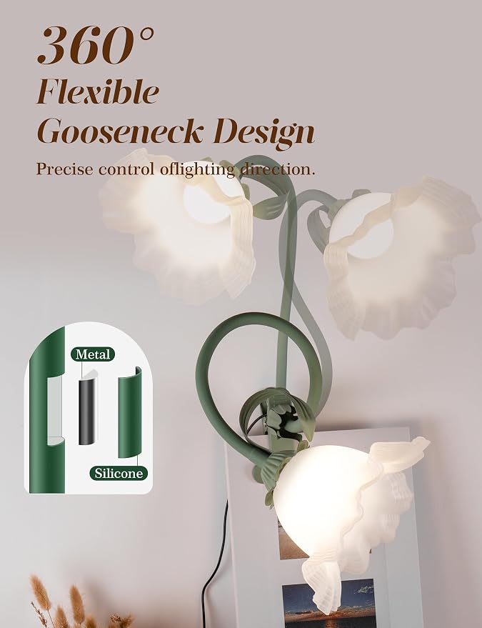 Flower Clip On Desk Lamp for Home and Dorm - Cute Floral Clip On Bedside Book Reading Light, Green Flower Bunk Bed Lighting, Kawaii Led Flexible Gooseneck Table Lamp for Headboard with Clamp