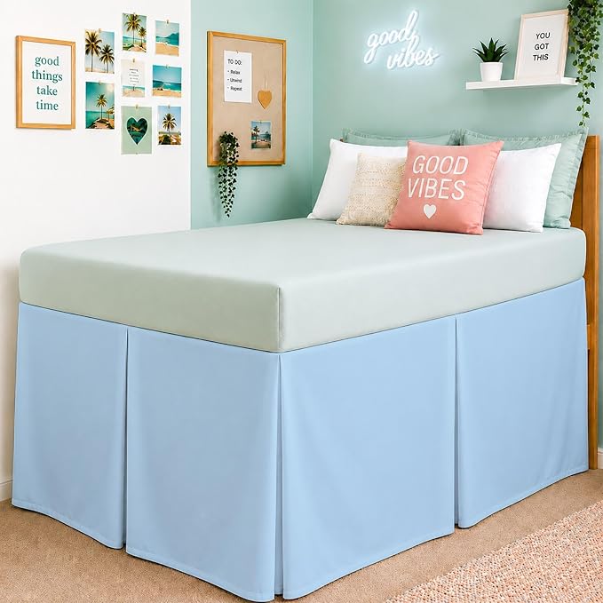 Cottington Lane Tailored Box Pleated College Dorm Bed Skirt Twin XL, Hotel Quality Premium Brushed Microfiber Extra Long Bedskirt Twin XL 25 Inch Drop, Light Blue Dorm Bedding