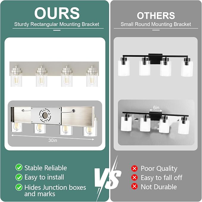 IZORRO Bathroom Vanity Light Fixture, 4-Light 30 Inch Brushed Nickel Bathroom Light Fixtures Over Mirror, with Clear Glass Shade, Modern Farmhouse Vanity Lights, Rustic Restroom Lighting Fixtures