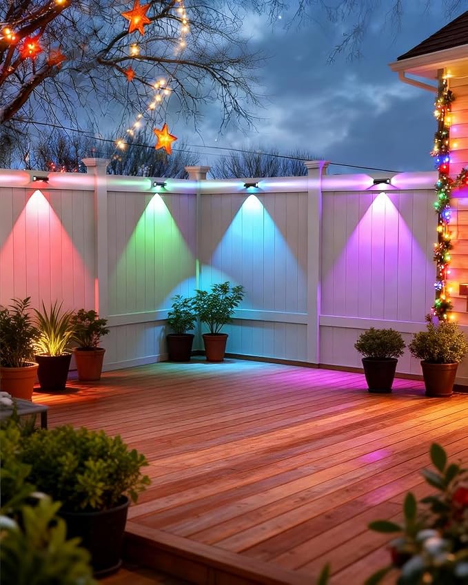 Solar Fence Lights Outdoor 6 Pack, Deck Lights with 12 Mode RGB Color Changing, Warm/Cool White, IP65 Waterproof Dusk to Dawn Solar Light for Fence, Wall, Patio, Step, Backyard, Outside