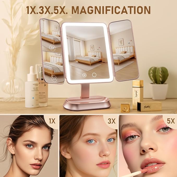 FRANO Lighted Makeup Mirror with 1X/3X/5X Magnification, Elegant Rose Gold Trifold Vanity Mirror, Smart Touch & Sensor, 3 Lighting Modes, Rechargeable Portable Mirror for Gift - Rose Gold