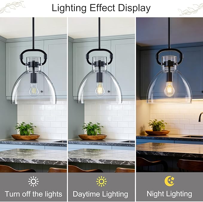 9.8'' Farmhouse Pendant Lights Kitchen Island, 1-Light Glass Modern Black Kitchen Island Lights, Pendant Light Fixtures for Dining Room Bedroom Over Table, E26