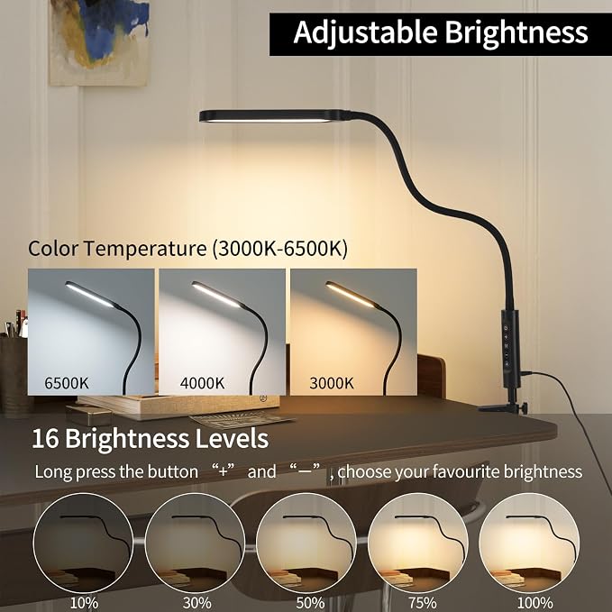 LUJOLUMIN 18W LED Clamp on Lamp with Remote Control and US Adapter | Metal Super Bright 3000LM Task Light, CRI 95, 3 Colors, for Office Desk Reading