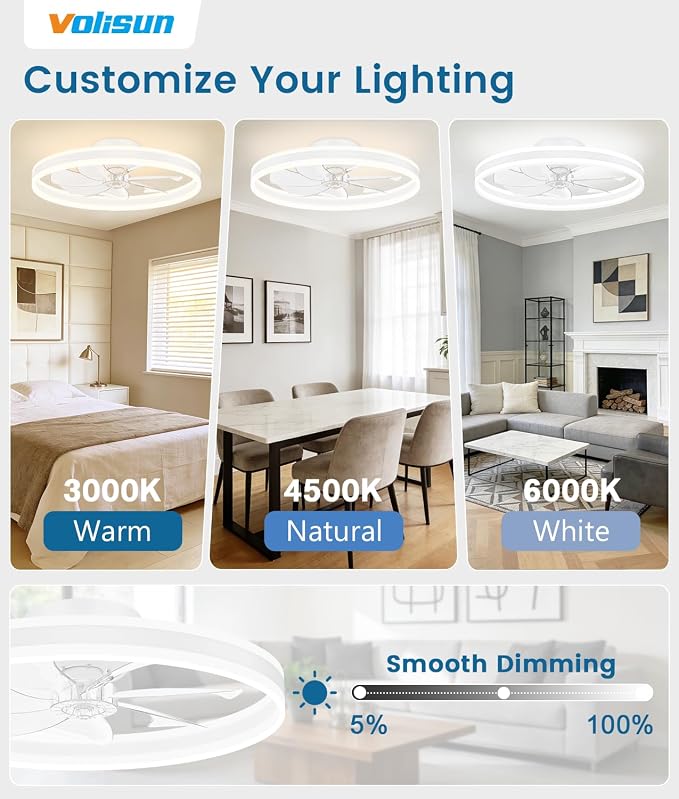VOLISUN Low Profile Ceiling Fans with Lights and Remote, 27.6in Flush Mount Ceiling Fans with Light, 3000K-6500K Dimmable Fandelier LED Fan Light, White Bladeless Ceiling Fans with Lights for Bedroom