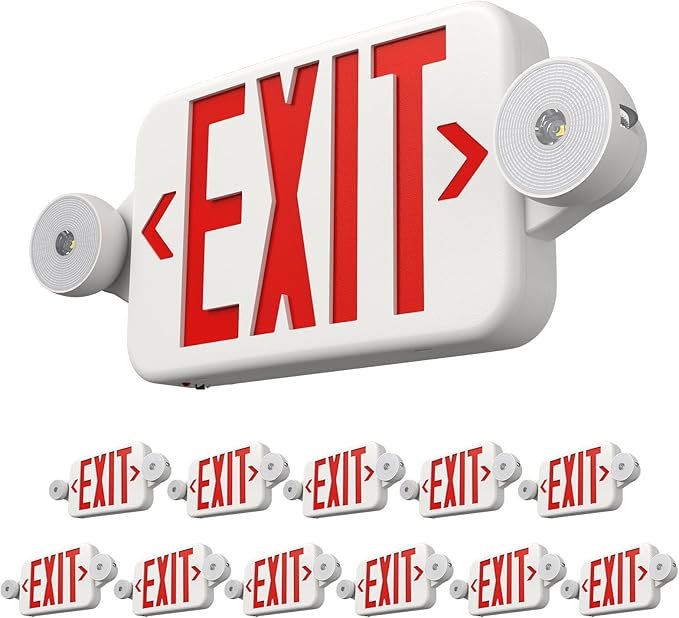 FREELICHT 12 Pack Red Led Exit Signs with Emergency Lights Combo Adjustable Two Heads,Battery Backup Exit Light, Hard Wired,UL Listed,AC 120/277V