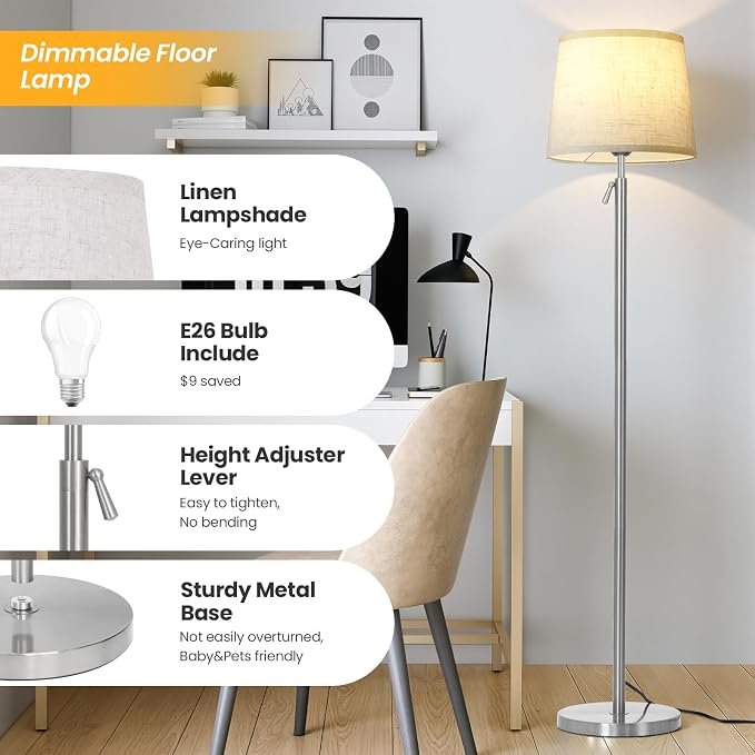Floor Lamp Height Adjustable with Remote Control for Living Room Silver | Height adjustable 55" to 67" Silver Standing lamp Bright Dimmable 12W Bulb with Remote for living room bedroom corner