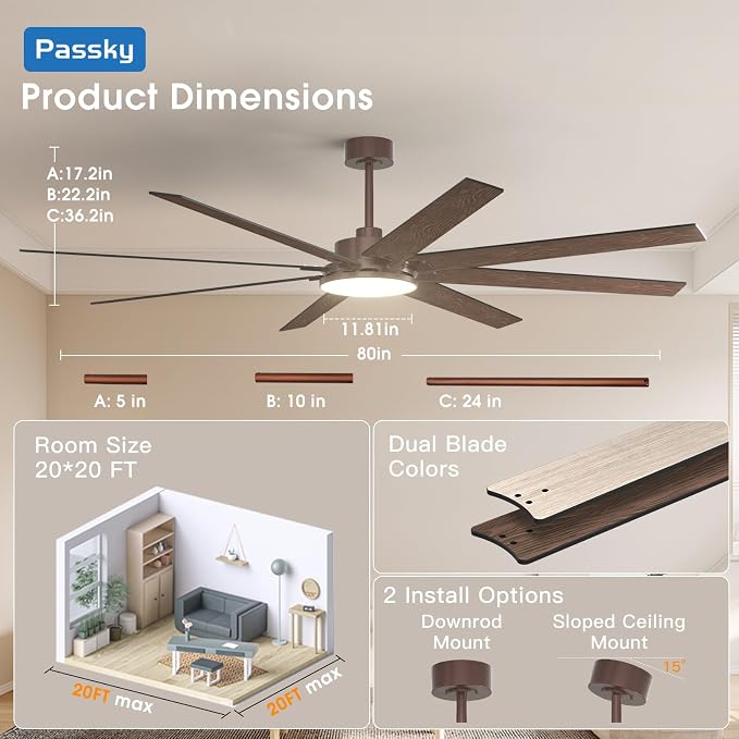 80 Inch Ceiling Fans with Lights and Remote, Brown Modern Ceiling Fan | Reversible DC Motor, Timer, 3CCT, Dimmable, Quiet, Ceiling fan For Living Room, Patio Farmhouse, Indoor/Outdoor