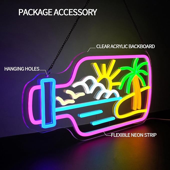 Bottle Beach Neon Sign Dimmable Summer Tropic Neon Light Sign for Wall Decor Palm Tree Led Signs for Bedroom Living Room Hawaii Shop Beach Bar Party Art Decor Gift 16.5" x 8.4"