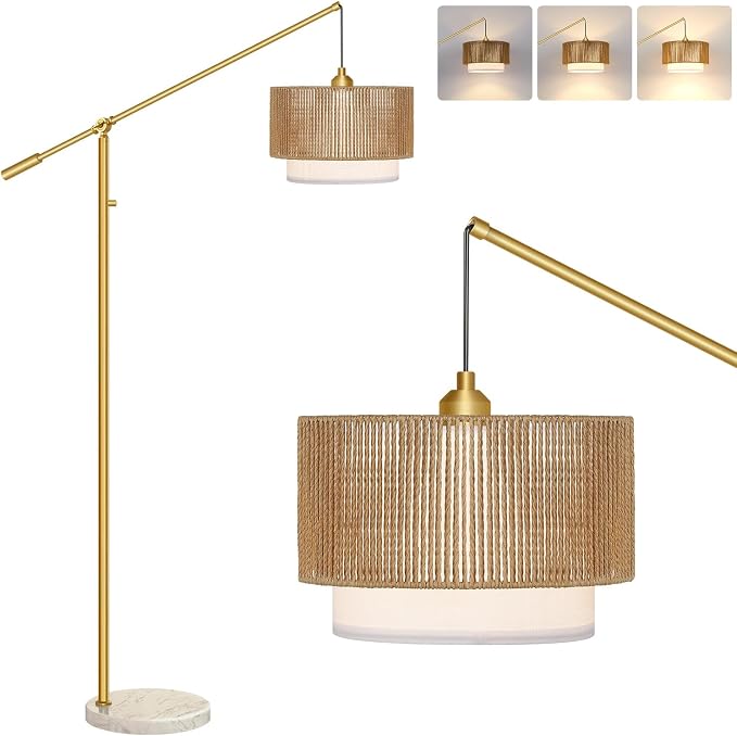 【Upgraded】Arc Floor Lamp for Living Room, Boho Dimmable Swing Arm Floor Lamp with Rattan & Fabric Shades, Gold Rattan Standing Lamp with Marble Base, Farmhouse Adjustable Tall Lamp for Bedroom Office