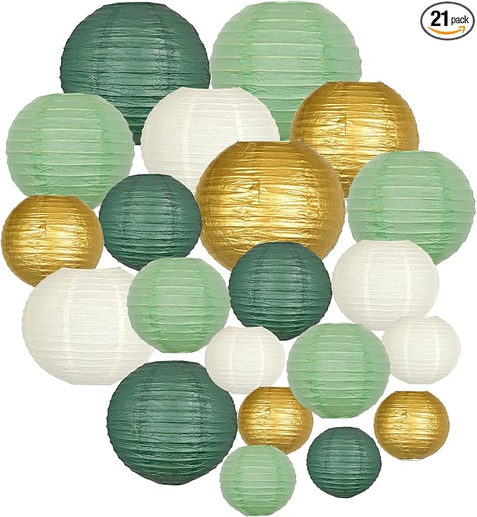 21-Pack Sage Green Paper Lanterns, Gold Round Hanging Decorations | Set for Graduation, Wedding, Bridal Shower, Birthday, Neutral Baby Celebration & Classroom Decor, 4/6/8/10 Inches