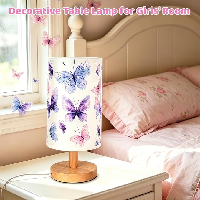 Butterfly Kids Table Lamp for Bedroom Girls Bedside Lamps 3 Colors Modes LED Nightstand Night Light with Cartoon Linen Lampshade Desk Lamp for Girls Boys Room Nursery Decor,Butterfly Gifts for Girl