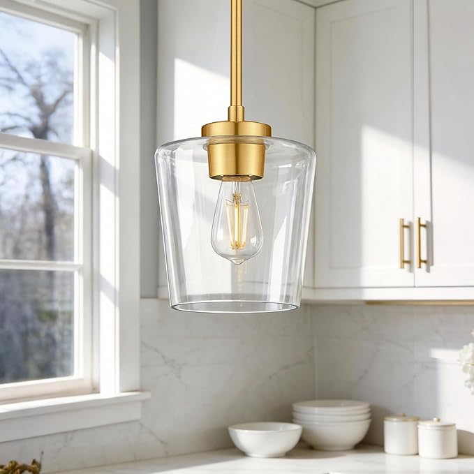 Audicki 2-Packc Pendant Lights Kitchen Island, 8" Brushed Gold Hanging Lights Fixtures with Clear Glass Shade, Modern Kitchen Pendant Lighting Over Island for Dining Room, AD-22004-1P2L-GD-C