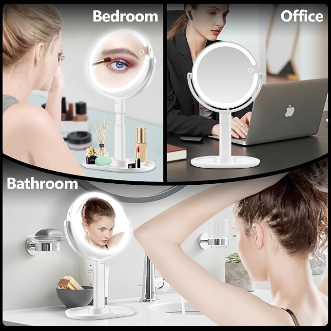 MIYADIVA Makeup Mirror with Lights, 30X Magnifying Mirror with Light and Touch Switch, Rechargeable Vanity Mirror with 3 Color Light and 80 LEDs, Height Adjustable Desk Mirror for Bathroom, Gift Idea