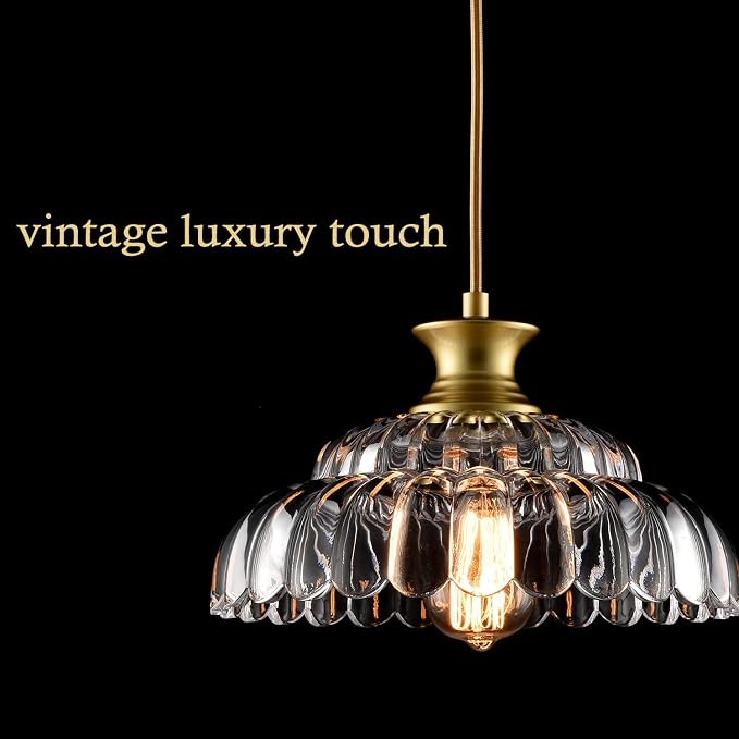 HYDELITE Vintage Gold Clear Glass Pendant Lights Kitchen Island | Brass Pendant Light Fixture Modern Hanging Light Fixture for Dining Room Bedroom Entryway