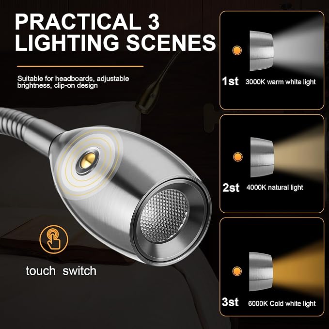 1 Pcs LED Clip on Reading Light for Bed Headboard, 3 Color Dimmable Stepless Book Light with Flexible Gooseneck Clamp Desk Lamp for Reading with USB for Bedroom, Dorms, Office, Studio (Silver)