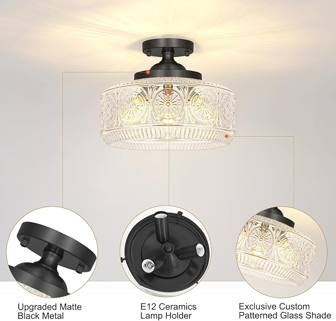 DSMJFU Black Semi Flush Mount Ceiling Light, 3-Light Vintage Ceiling Light Fixture, Hallway Lighting Fixture with Thickened Glass, 12In Kitchen Ceiling Mount Light for Entryway Bedroom Bathroom, E12*3