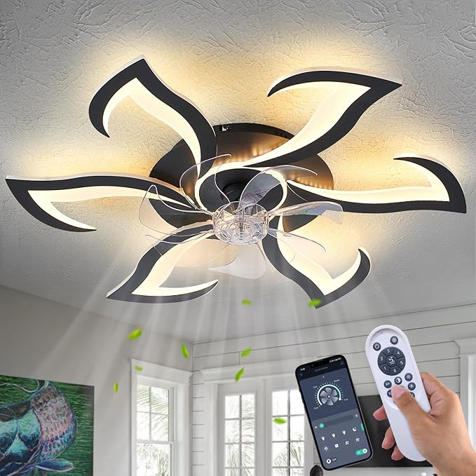 Modern Ceiling Fan with Lights and Remote Control, 32" Black Flush Mount Fan with 3 Light Colors, 6 Speeds, Low Profile for Kitchen and Bedroom