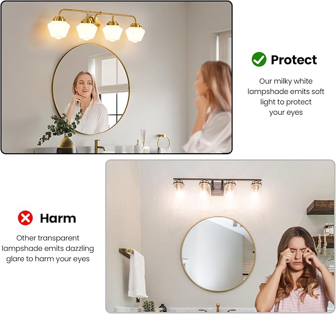 RUIYEY Bathroom Vanity Light Fixtures: 4 Lights Brushed Gold Vanity Lights for Bathroom, E26 60w Hardwired Wall Sconce Lighting with Frosted Milky Glass Over Mirror (Exclude Bulb)