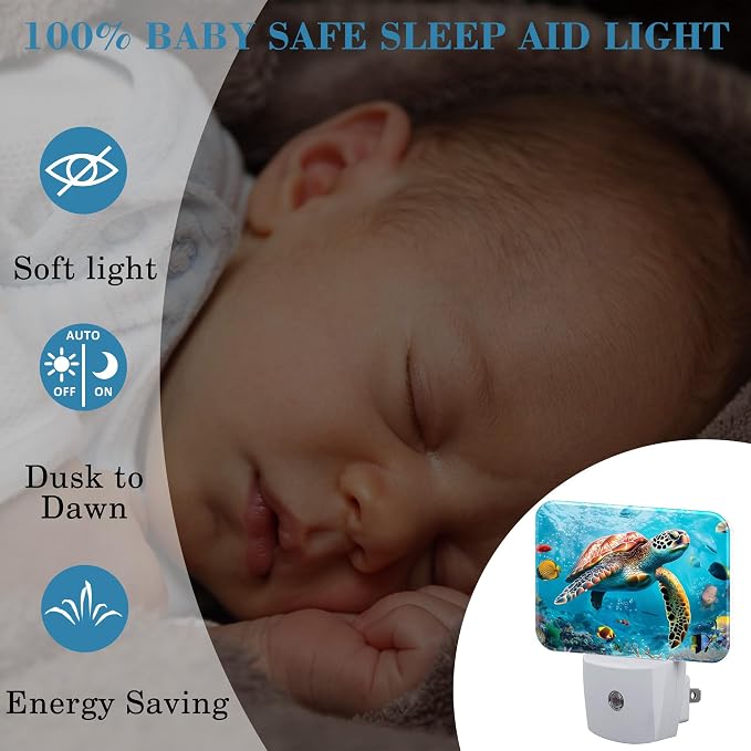 Sea Turtle Swims Under Water Night Light for Kids, Sea Turtle LED Night Light Plug into Wall with Dusk to Dawn Sensor for Girls Boys Women Men Room, Hallway, Kitchen, Bathroom, Stairs Decor