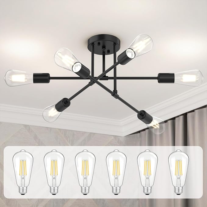 Modern Sputnik Chandelier Ceiling Light Fixtures, 6-Lights 22” Mid Century Industrial Metal Semi Flush Mount for Dining Room, Bedroom, Living Room, 6 T64 Bulbs