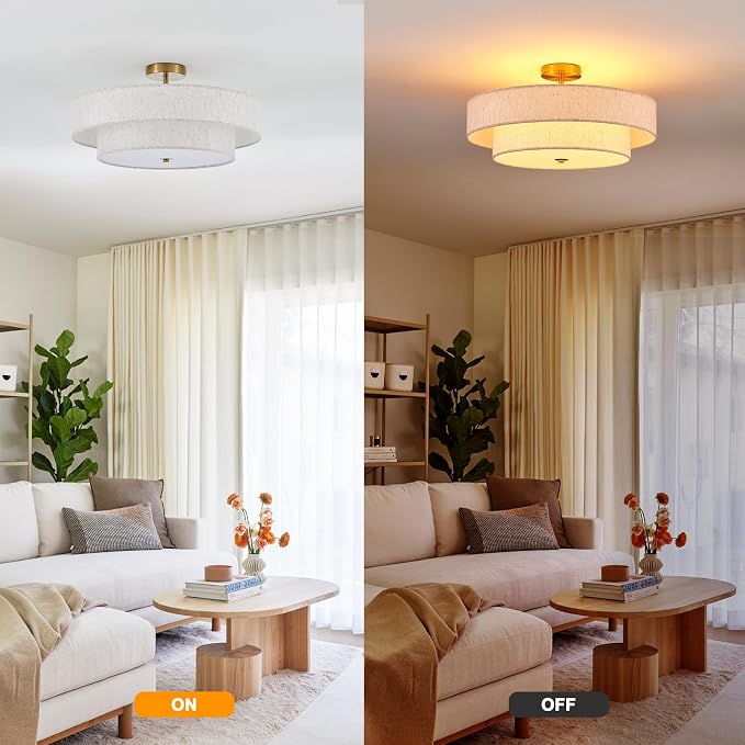 Modern Semi Flush Mount Ceiling Light 21.7" Modern Gold 4-Lights Drum Ceiling Lighting Fixture Vintage Linen Golden Ceiling Lamp for Laundry Room, Kitchen, Living Room, Dining Room, Bedroom