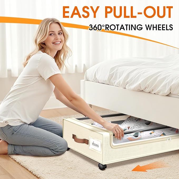 Under Bed Storage with Wheels 3Pack Storage Containers with Clear Window | Under Bed Drawers Rolling Under Bed Storage for Clothes,Shoes, Blankets (30.71 x 16.93 x 6.69 in, Beige)